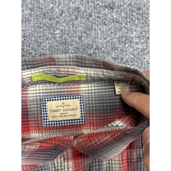 Tommy Bahama Shirt Mens Extra Large Red Gray Plaid Button Front Long Sleeve - Picture 2 of 6